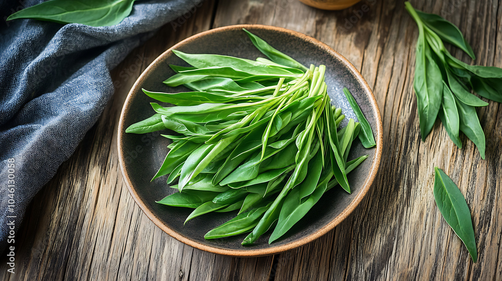 Water spinach in plate isolated on a wooden table Water spinach in plate isolated on a wooden table