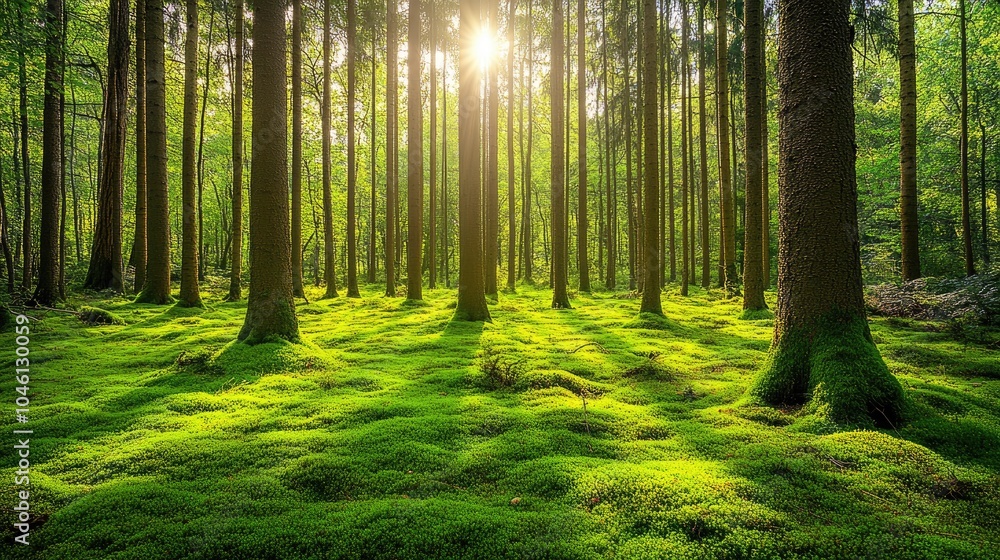 Tranquil Forest Scene with Sunlight Through Trees Tranquil Forest Scene with Sunlight Through Trees