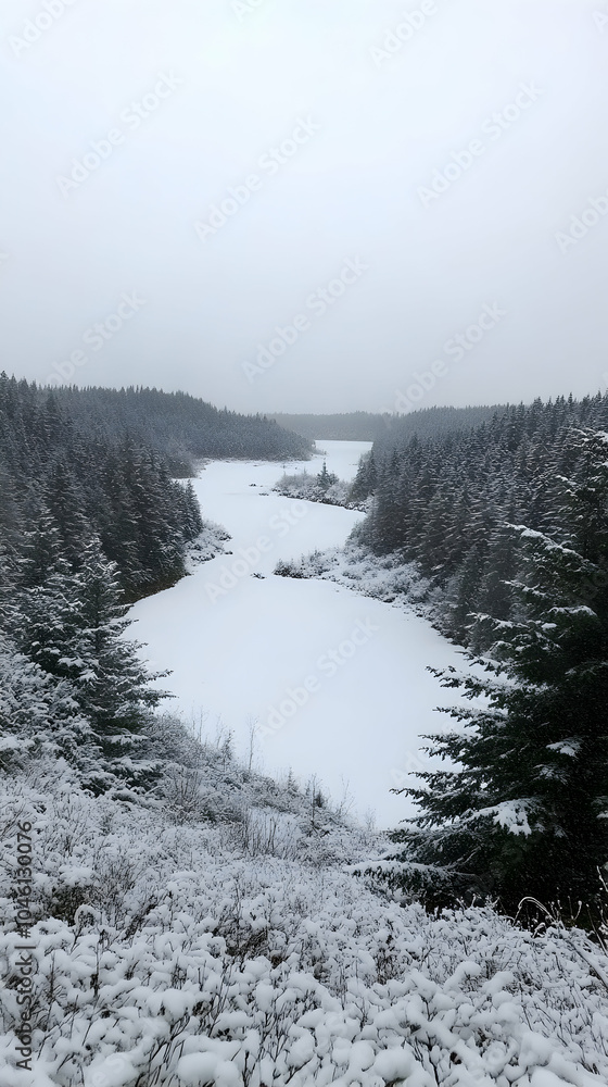 A frozen lake nestled between snow-covered evergreen trees. A frozen lake nestled between snow-covered evergreen trees.