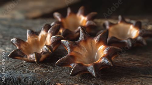 Water Caltrops Trapa natans isolated on a wooden table photo