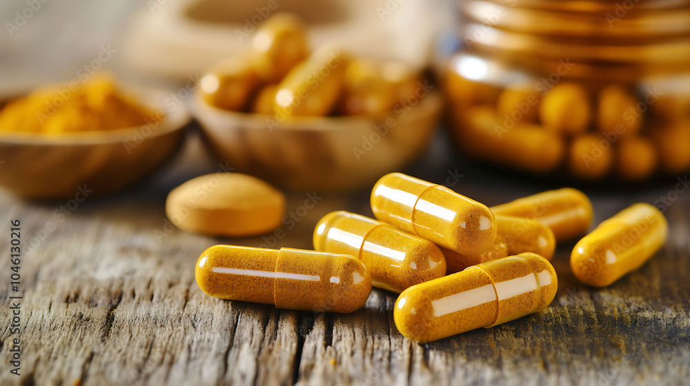 Turmeric and turmeric capsules isolated on a wooden table Turmeric and turmeric capsules isolated on a wooden table