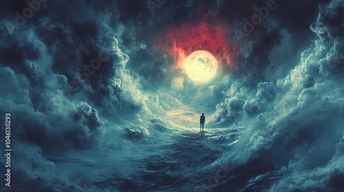 Surreal Dreamscape: A Lonely Figure Under a Glowing Moon photo