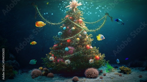 A coral Christmas tree in the middle of a reef, adorned with sparkling sea urchins and swaying kelp garlands. Colorful fish and tiny crabs add to the festive atmosphere.