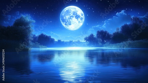 A serene full moon shines over a calm lake surrounded by trees.