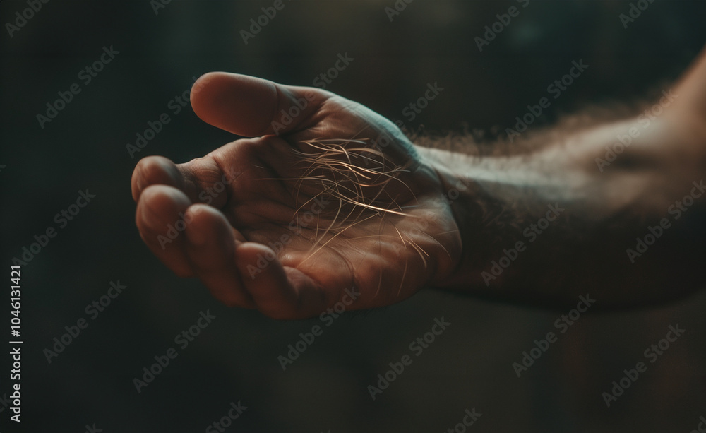 Obraz premium A hair loss concept, middle age male receding hairline or balding. A man holds hair in his outstretched hand as a result of thinning hair, hair loss , Close up, macro photography.