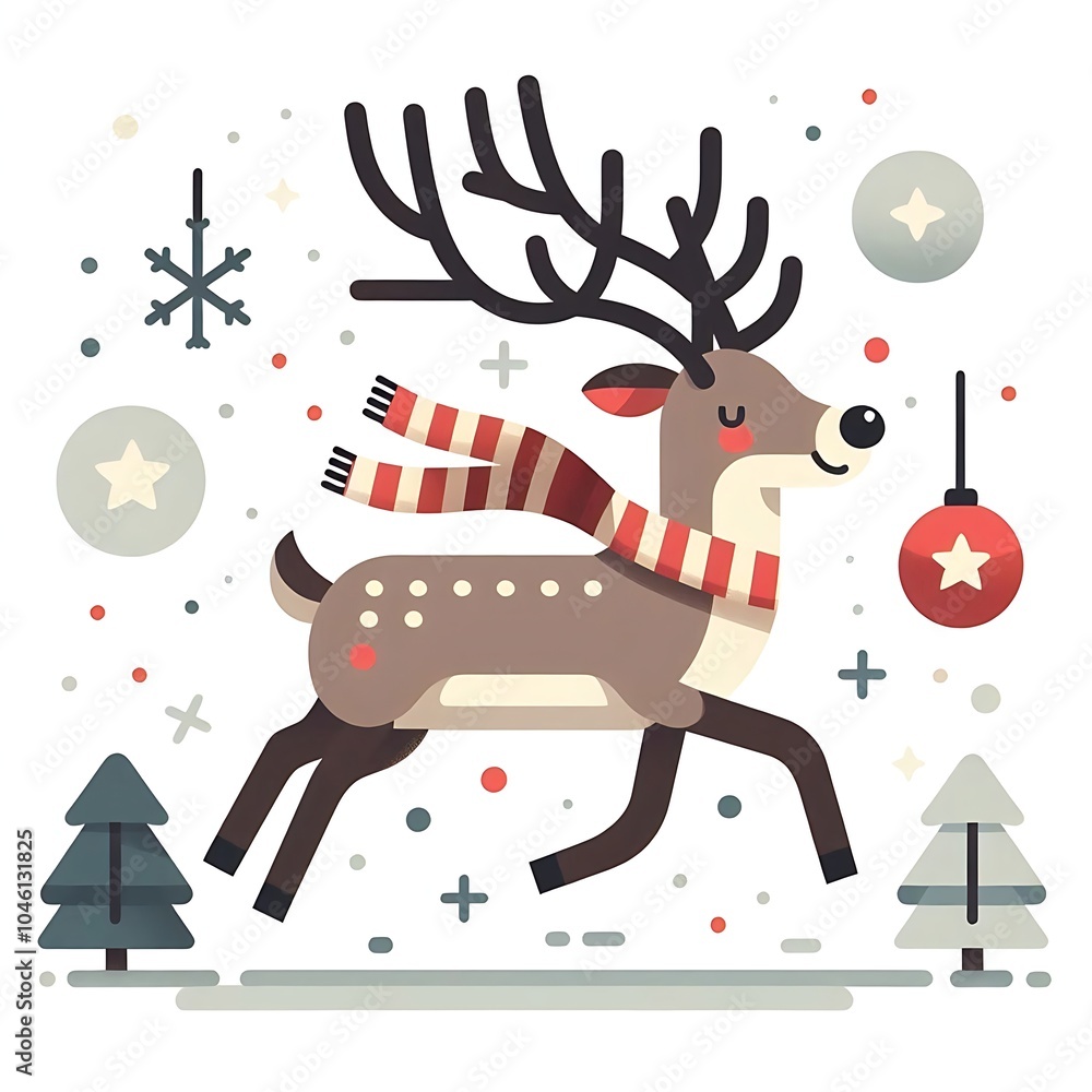 Fototapeta premium Flat, isolated illustration of a standing reindeer with large antlers. The design features smooth lines, a neutral brown color, and a simple yet elegant profile, evoking holiday themes.