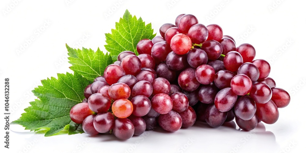 Still life arrangement of red grapes and green leaves reflected on a white background Still life arrangement of red grapes and green leaves reflected on a white background