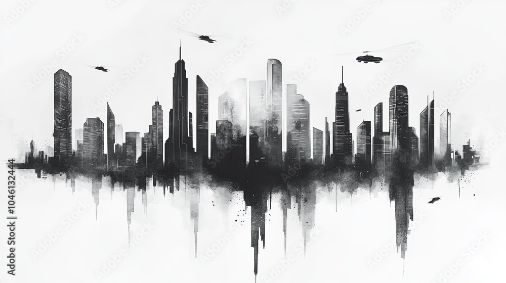 Naklejka premium Black and White Watercolor Cityscape with Flying Helicopters