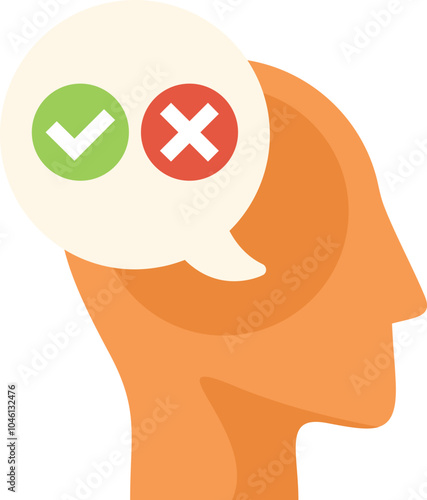 This vector illustration shows the concept of decision making with a human head and a speech bubble containing a check mark and a cross mark