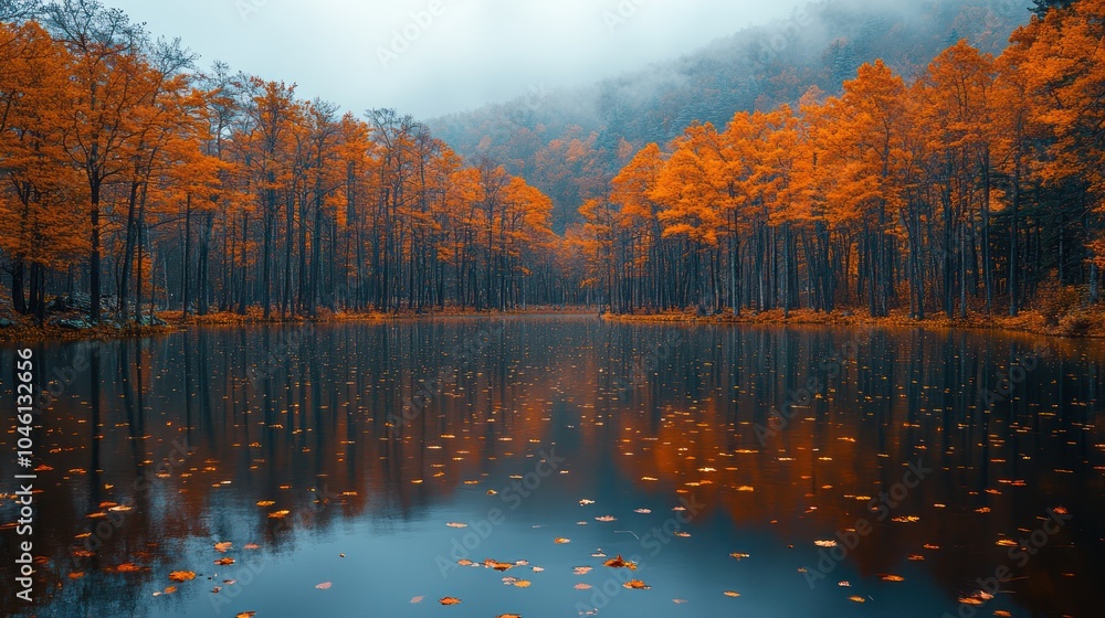 A PNG of a calm lake reflecting the autumn trees around it, with leaves floating on the water. A PNG of a calm lake reflecting the autumn trees around it, with leaves floating on the water.