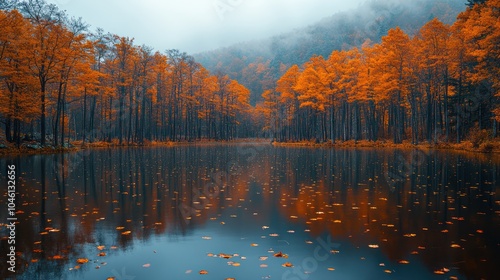 A PNG of a calm lake reflecting the autumn trees around it, with leaves floating on the water.