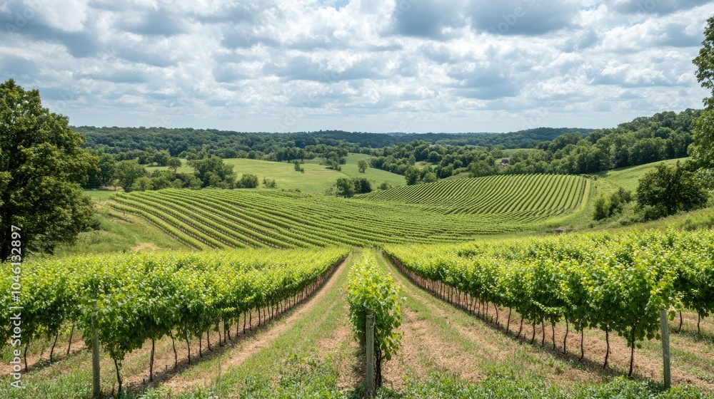 Fototapeta premium Lush Vineyard Landscape Under a Blue Sky