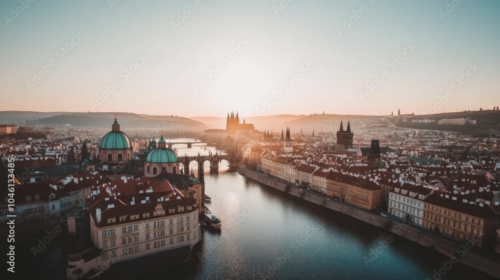Obraz premium Stunning Aerial View of Prague at Sunset
