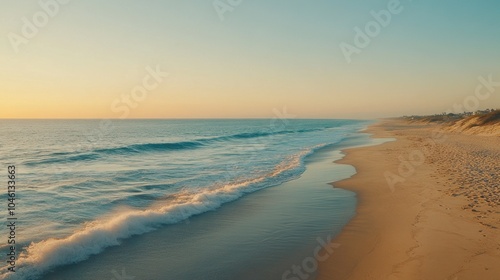 A panoramic view of a beach at sunset with waves gently lapping at the shore.