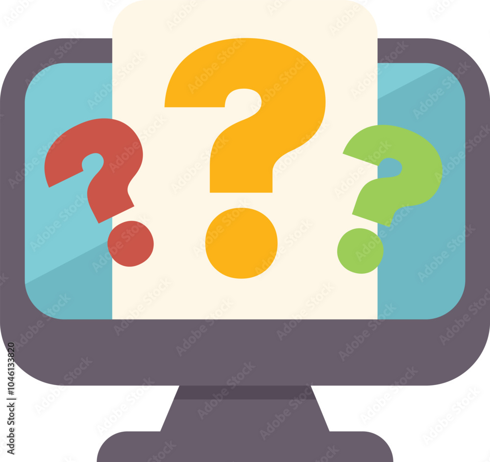 Illustration of a computer screen displaying a document with question marks, representing online frequently asked questions, support and assistance Illustration of a computer screen displaying a document with question marks, representing online frequently asked questions, support and assistance