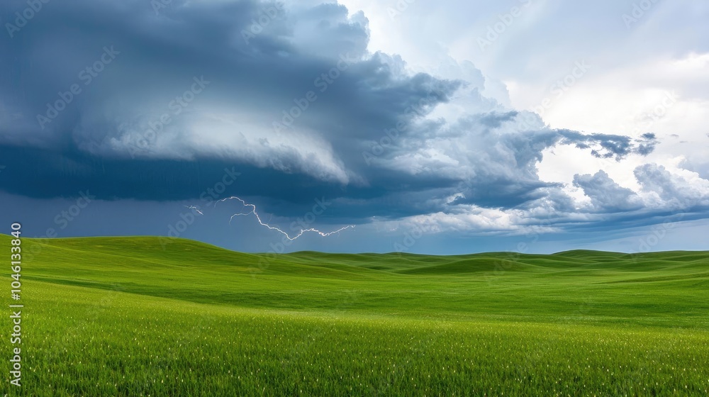 Obraz premium Vast green fields under a dramatic sky with dark clouds and contrasting light.