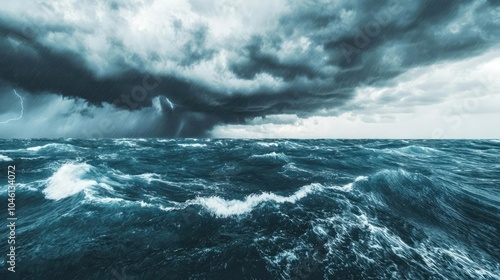 Stormy ocean waves under dark clouds, dynamic and turbulent seascape.