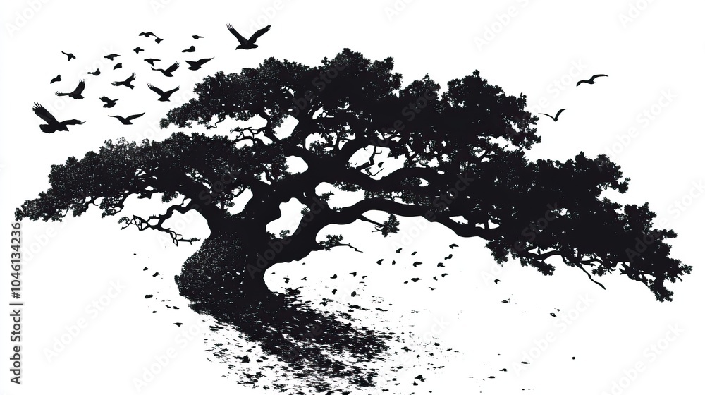 Silhouette of a Tree with Birds Flying Away Silhouette of a Tree with Birds Flying Away