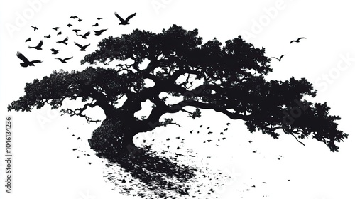 Silhouette of a Tree with Birds Flying Away