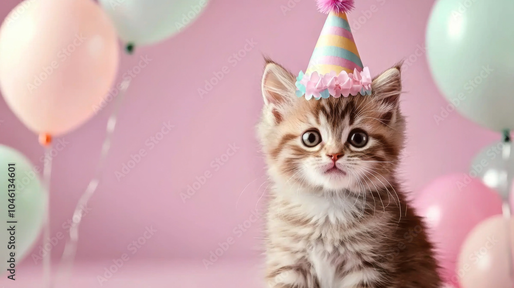 Adorable kitten wearing a party hat, surrounded by pastel balloons, perfect for celebrations, birthdays, and pet events. Adorable kitten wearing a party hat, surrounded by pastel balloons, perfect for celebrations, birthdays, and pet events.