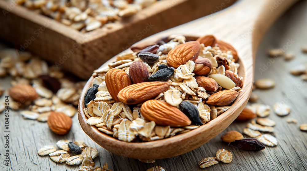 nuts and seeds muesli in wood spoon isolated on a wooden table nuts and seeds muesli in wood spoon isolated on a wooden table