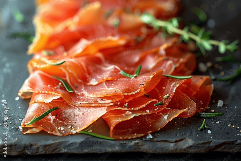 Close-up of sliced prosciutto on dark background with space for text Close-up of sliced prosciutto on dark background with space for text