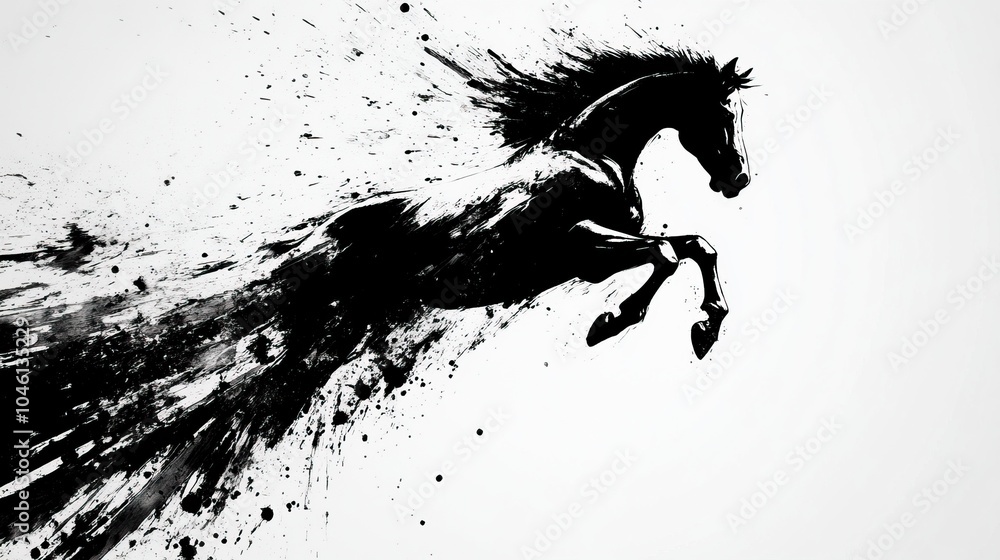 Black Horse Leaping with Ink Splatter Background Black Horse Leaping with Ink Splatter Background