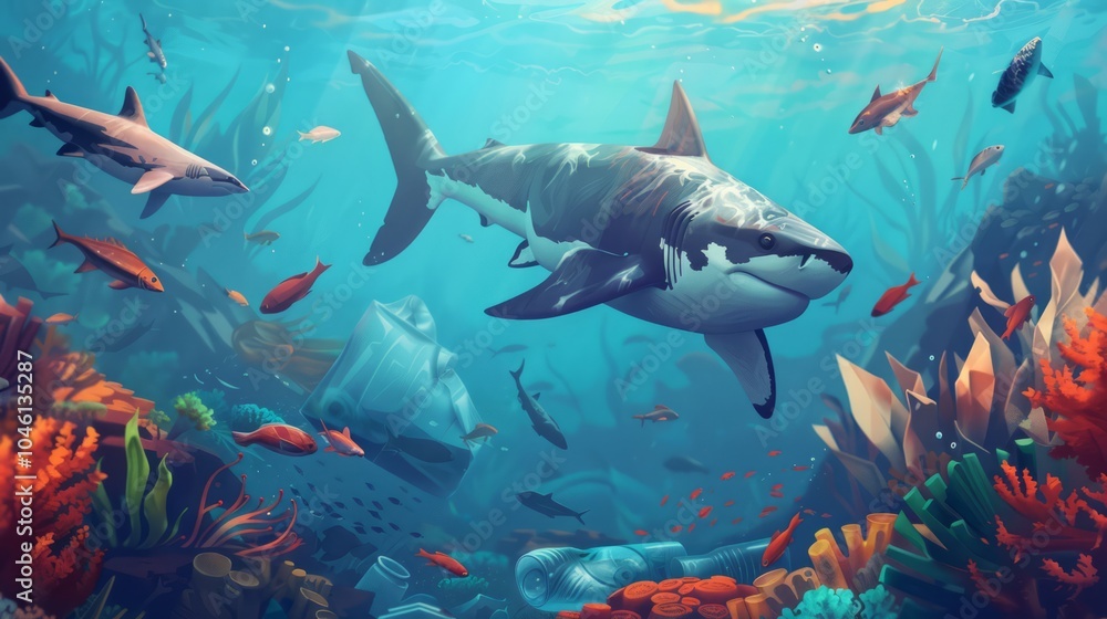 Obraz premium Underwater Scene with Plastic Waste Contamination
