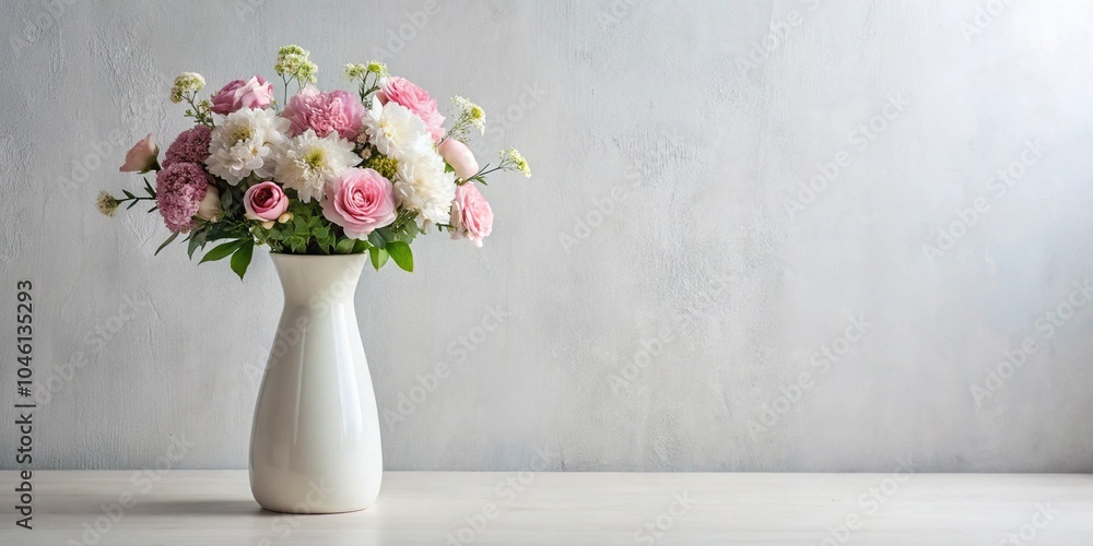 Still life composition of white vase with pink and white flowers Still life composition of white vase with pink and white flowers