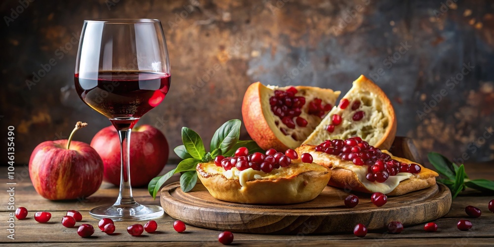 still life composition of wine, khachapuri cheese, and pomegranate on a table still life composition of wine, khachapuri cheese, and pomegranate on a table