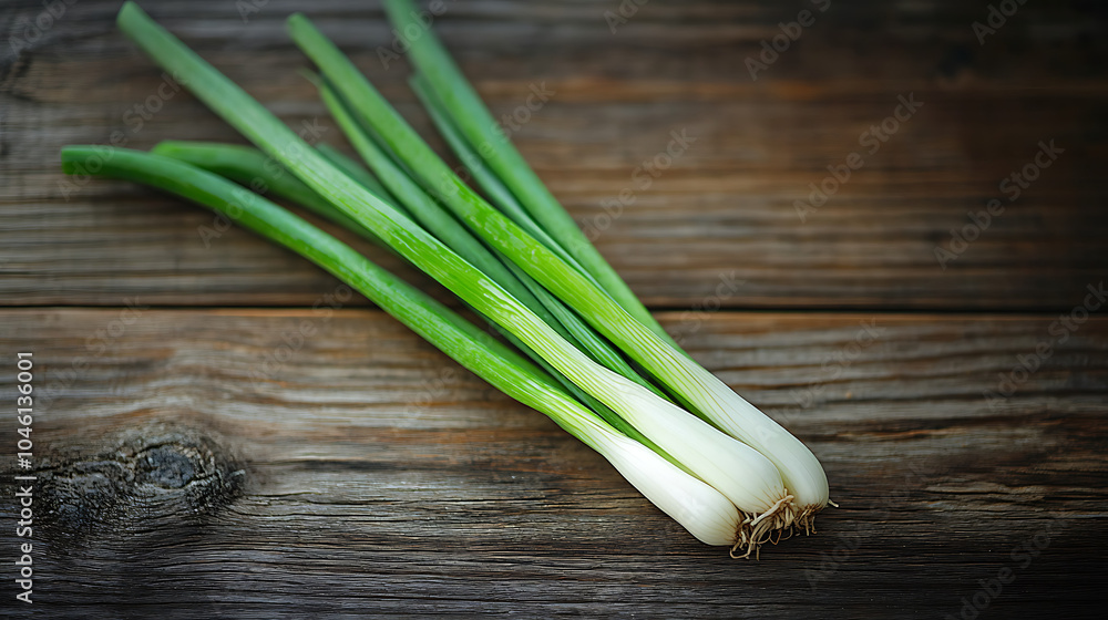 green onion slice isolated on a wooden table