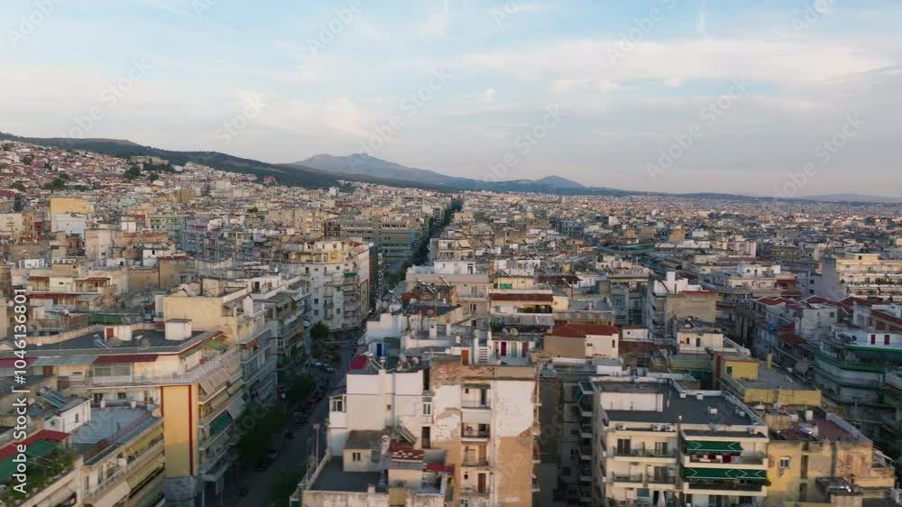 Aerial views of Thessaloniki, Greece, showcase a vibrant cityscape. Urban buildings and streets extend toward the horizon, highlighting the blend of historic and modern architecture Aerial views of Thessaloniki, Greece, showcase a vibrant cityscape. Urban buildings and streets extend toward the horizon, highlighting the blend of historic and modern architecture