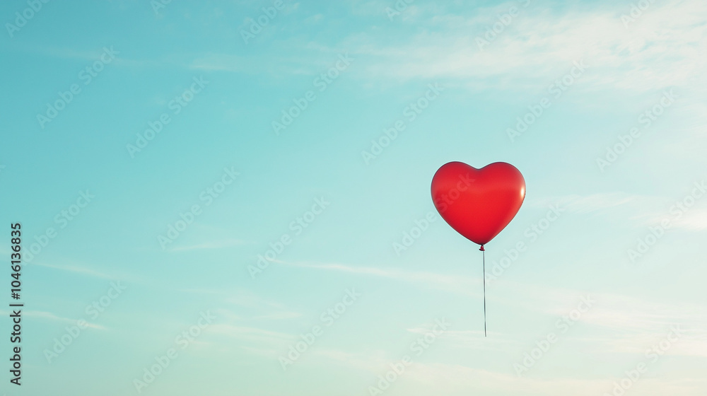 Charity auction concept.A vibrant red heart balloon drifts serenely through a clear blue sky on a sunny day,evoking feelings of love and happiness for viewers below,copy space Charity auction concept.A vibrant red heart balloon drifts serenely through a clear blue sky on a sunny day,evoking feelings of love and happiness for viewers below,copy space