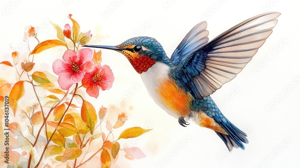 A PNG of a hummingbird in mid-flight, feeding from a flower with vibrant petals. A PNG of a hummingbird in mid-flight, feeding from a flower with vibrant petals.