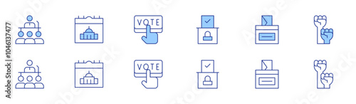 Democracy icon set in two styles, Duotone and Thin Line style. Editable stroke. ballot box, vote, podium, calendar, activism