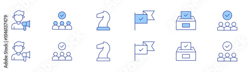 Democracy icon set in two styles, Duotone and Thin Line style. Editable stroke. activism, candidates, flag, voting, democracy, vote