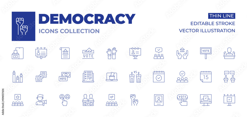 Democracy icons collection. Thin Line icons, editable stroke. activism, debate, online voting, politicians, bribe, candidates, group, polling, international day of democracy, vote, calendar Democracy icons collection. Thin Line icons, editable stroke. activism, debate, online voting, politicians, bribe, candidates, group, polling, international day of democracy, vote, calendar