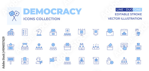 Democracy icons collection. Line Duotone style, editable stroke. group, ballot, debate, diplomacy, election, candidates, flag, white house, voting, democracy, advertising, vote
