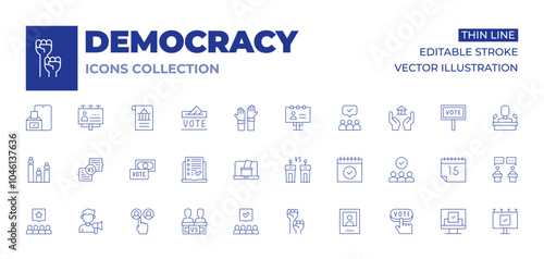 Democracy icons collection. Thin Line icons, editable stroke. activism, debate, online voting, politicians, bribe, candidates, group, polling, international day of democracy, vote, calendar