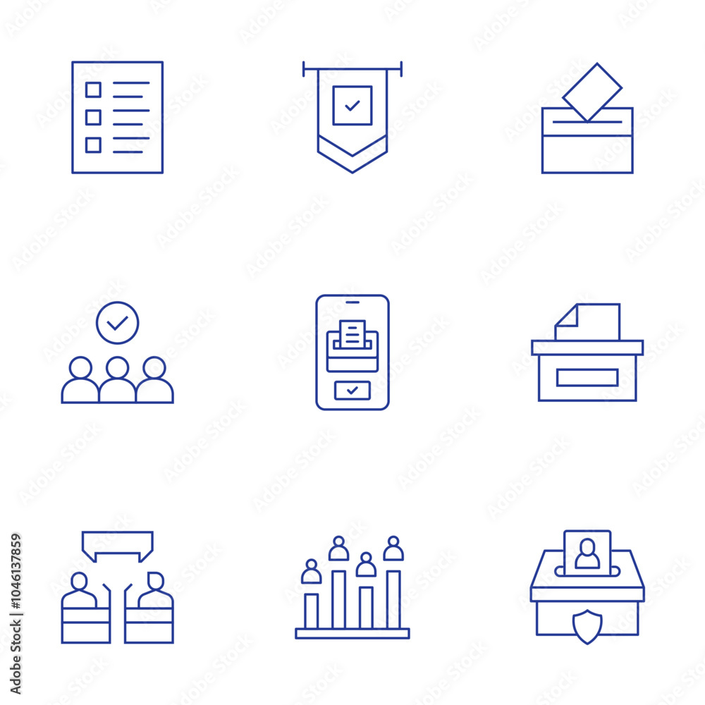 Democracy icons set. Thin Line style, editable stroke. ballot, candidates, debate, vote, voting box, flag, online voting, poll Democracy icons set. Thin Line style, editable stroke. ballot, candidates, debate, vote, voting box, flag, online voting, poll