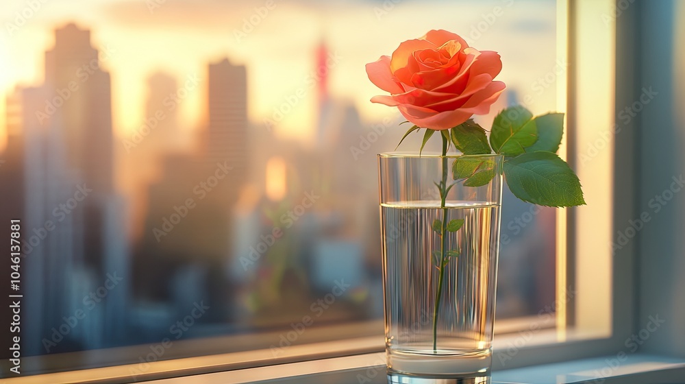 Elegant Rose in Glass Against City Sunset Background Elegant Rose in Glass Against City Sunset Background
