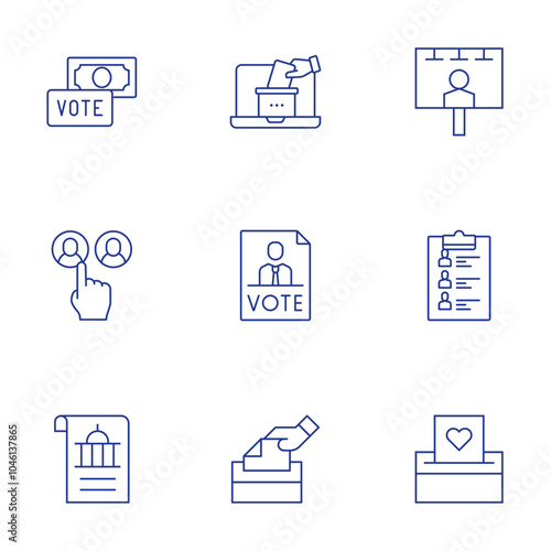 Democracy icons set. Thin Line style, editable stroke. billboard, candidates, vote, bribe, declaration, online voting