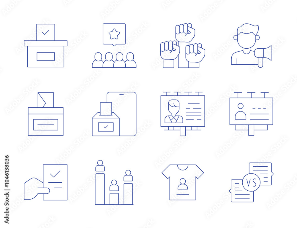 Democracy icons. Thin Line style, editable stroke. activism, campaign, debate, group, online voting, polling, movement, politician, t shirt, vote
