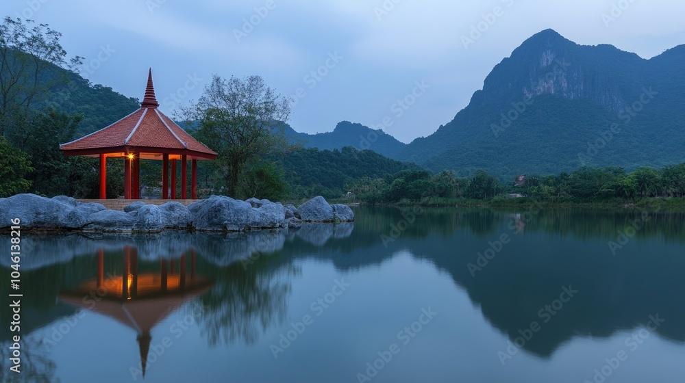 Fototapeta premium Tranquil Pavilion by the Lake at Dusk