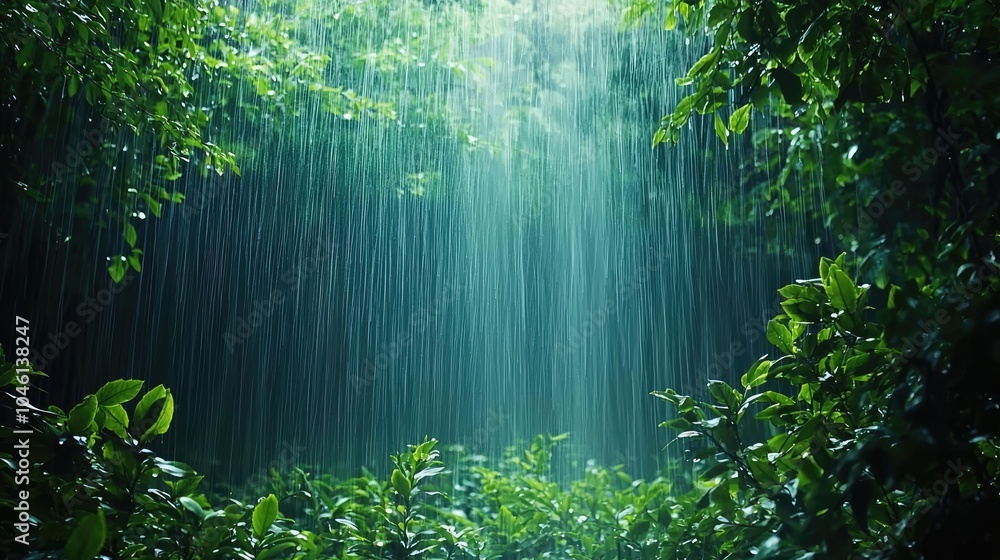 Fototapeta premium Lush green rainforest with sunlight filtering through the trees and gentle rain falling.
