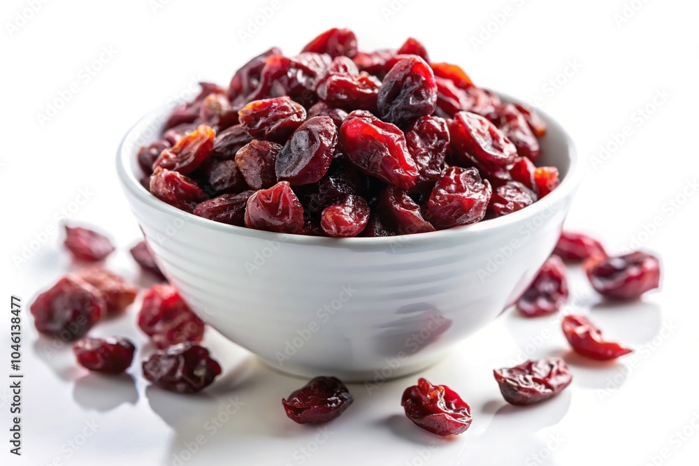Still life image of dried cranberries in a bowl on a white background Still life image of dried cranberries in a bowl on a white background