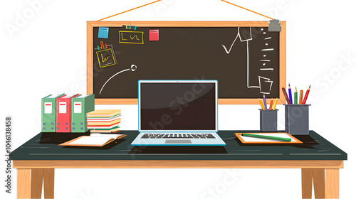 laptop and school desk on blackdesk in classroom.  online education and e-learning concept. home quarantine distance learning with white shades, pop-art, png photo