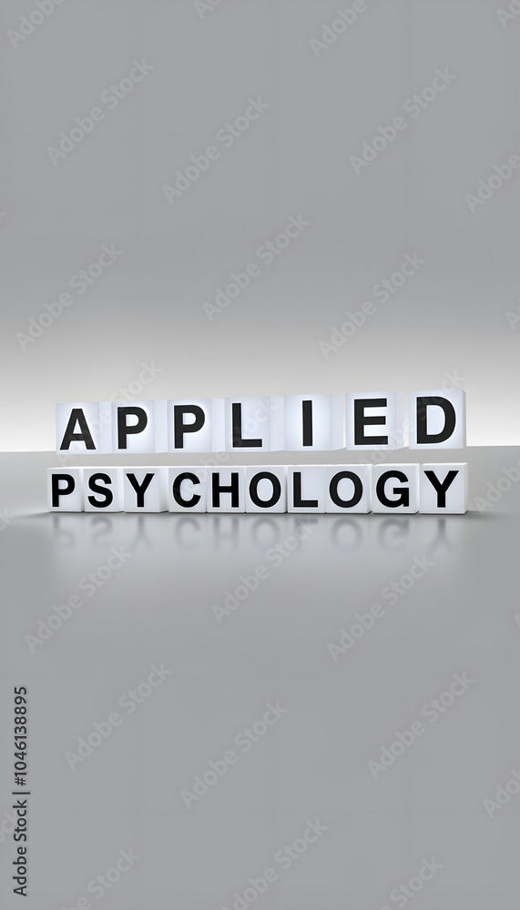 Obraz premium applied psychology word or concept represented by black and white letter cubes on a grey horizon background stretching to infinity isolated with white highlights, png