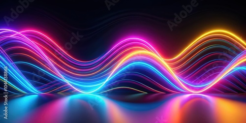 Abstract Wavy Neon Lines Glowing with Vibrant Colors on a Reflective Surface