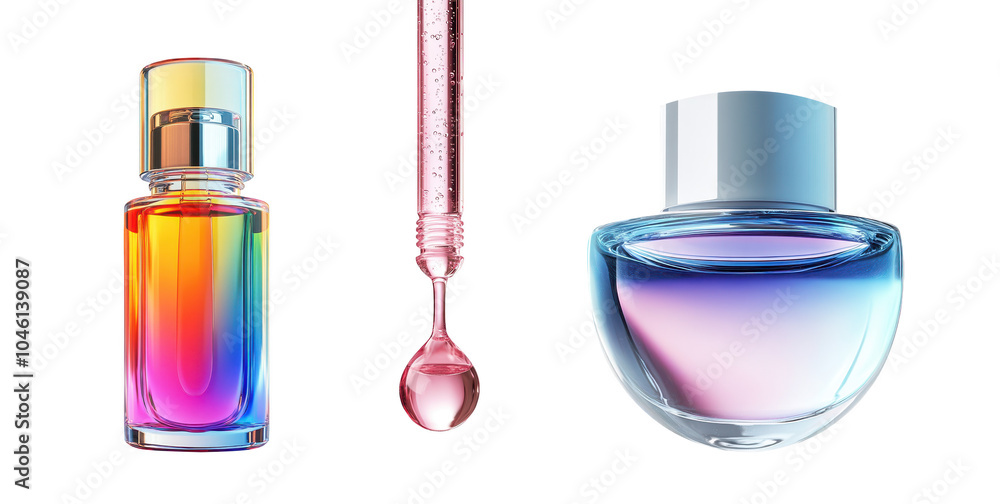 Colorful cosmetic bottles and dropper with gel, showcasing vibrant hues and elegant designs. Perfect for beauty and skincare products on transparent background Colorful cosmetic bottles and dropper with gel, showcasing vibrant hues and elegant designs. Perfect for beauty and skincare products on transparent background